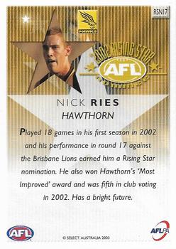 2003 Select XL Ultra AFL - Rising Star Nominees 2002 #RSN17 Nick Ries Back